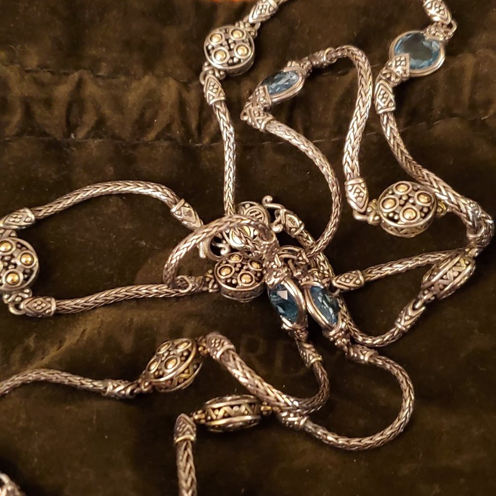 John Hardy 32" SS/18K disks w/ blue topaz necklace
